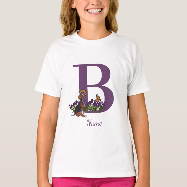 Beagle Valp Fjärilar Monogram Initial B Namn  T Shirt (Framsida)