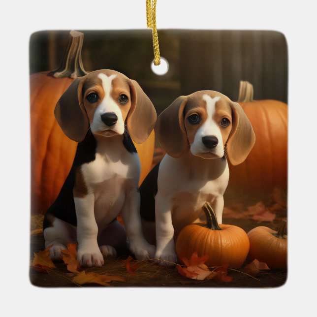 Beagle Valp Höstglädje Pumpa Julgransprydnad Keramik (Framsida)