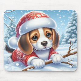 Beagle-valp i juldräkt som njuter av snön musmatta
