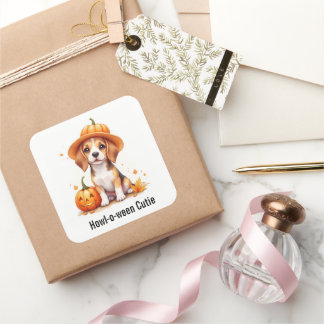Beagle-valp i pumpamöss Halloween-vattenfärg Fyrkantigt Klistermärke
