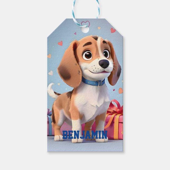 Beagle Valp Lekfulla Tassar & Färgglada Gåvor Presentetikett (Framsidan)