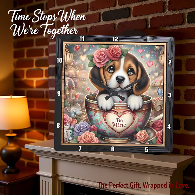 Beagle Valp Teacup Alla Hjärtans Dag Fyrkantig Klocka (Skapare uppladdad)