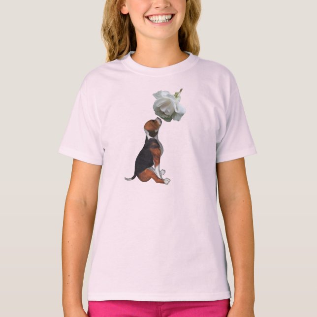 Beagle valp vit ros söt djur t shirt (Framsida)