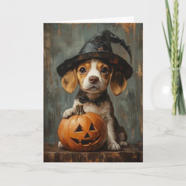 Beagle Valp Witch Halloween Helgkort (Framsida)