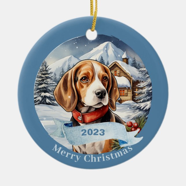 Beagle Watercolor Hund jul Julgransprydnad Keramik (Framsidan)