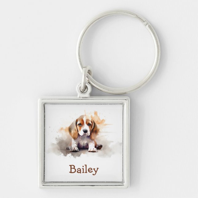 Beagle Watercolor Keychain Fyrkantig Silverfärgad Nyckelring (Framsidan)