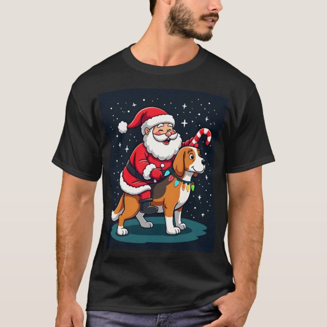 Beagle Xmas Belysning Tomte Ridande Beagle Hund Ch T Shirt (Framsida)