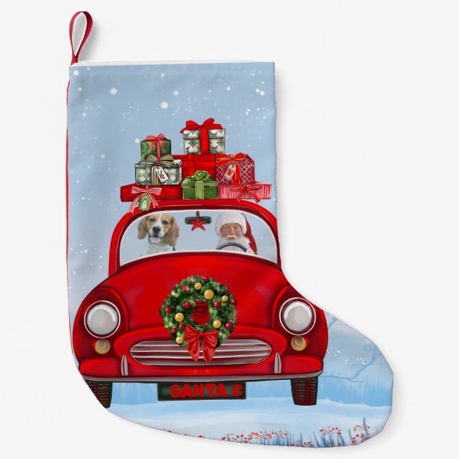Beaglehund i bil med tomte liten julstrumpa (Framsidan)