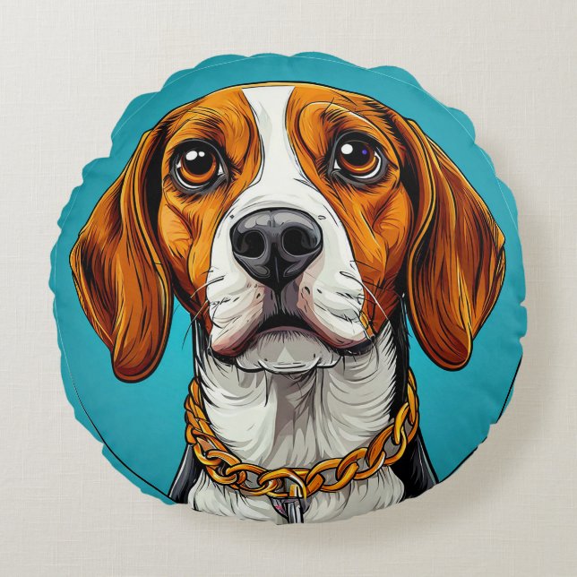 Beaglehund i en guldkedja rund kudde (Framsidan)