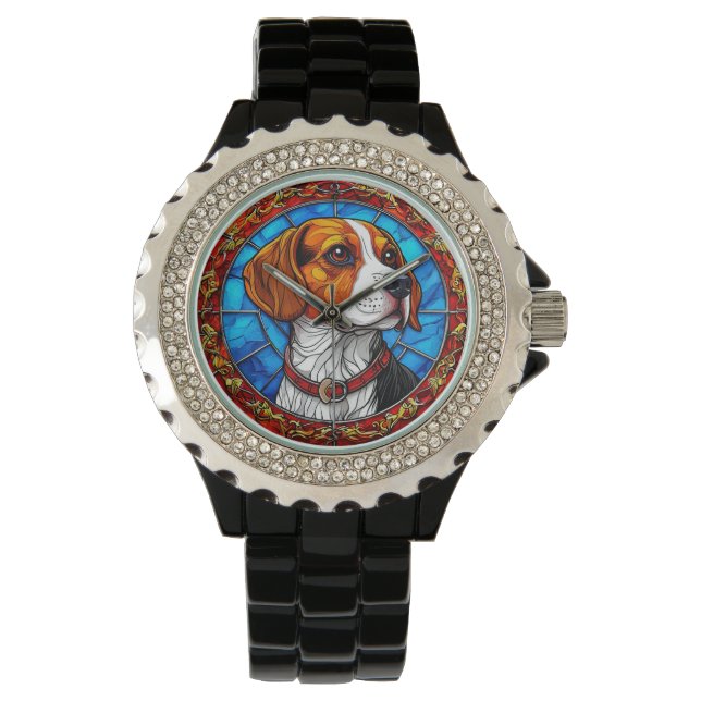 Beaglehund i livfull glaskonst armbandsur (Framsida)