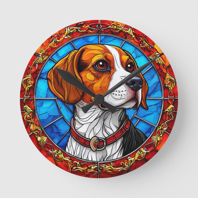 Beaglehund i livfull glaskonst rund klocka (Framsida)