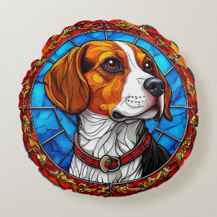 Beaglehund i livfull glaskonst rund kudde