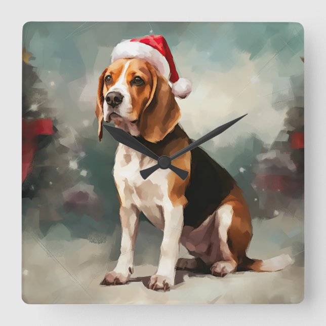 Beaglehund i snö jul fyrkantig klocka (Framsida)