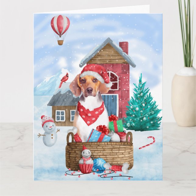 Beaglehund i snö Jul Hund Hus Kort (Framsida)