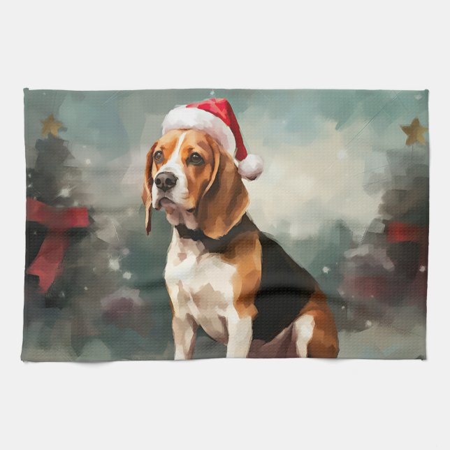 Beaglehund i snö jul kökshandduk (Horisontell)