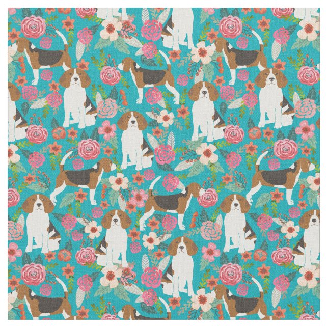 Beagles Flowers Fabric - Turquise Tyg (Närbild)