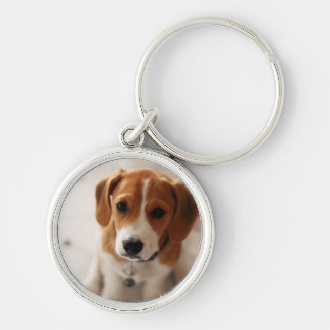 Beaglevalp 2 rund silverfärgad nyckelring (Framsidan)