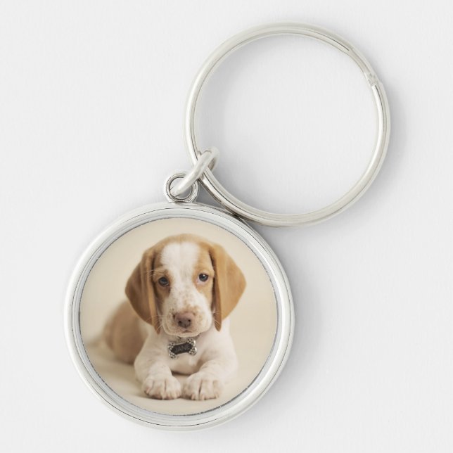 Beaglevalp Rund Silverfärgad Nyckelring (Framsidan)