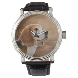 Beaglevintageläder fäster klockan, svart läder armbandsur
