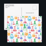 Beakers and Flasks Roligt Science Mönster Vykort<br><div class="desc">Ett vykort med roligt och färglöst mönster. Forskare vibe med bakers och flaskor av olika format och storlek i starkt lycklig färg.</div>