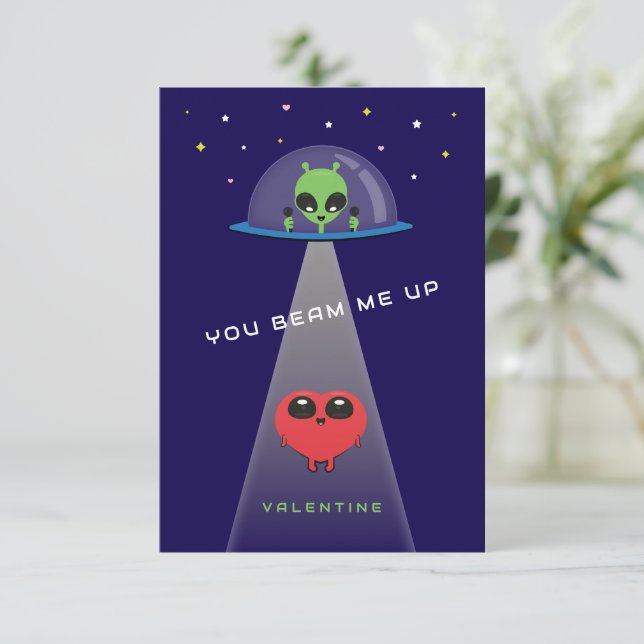 Beam Me Up UFO Barn Valentinekort | Blå & Röd Tack Kort (Stående Fram)
