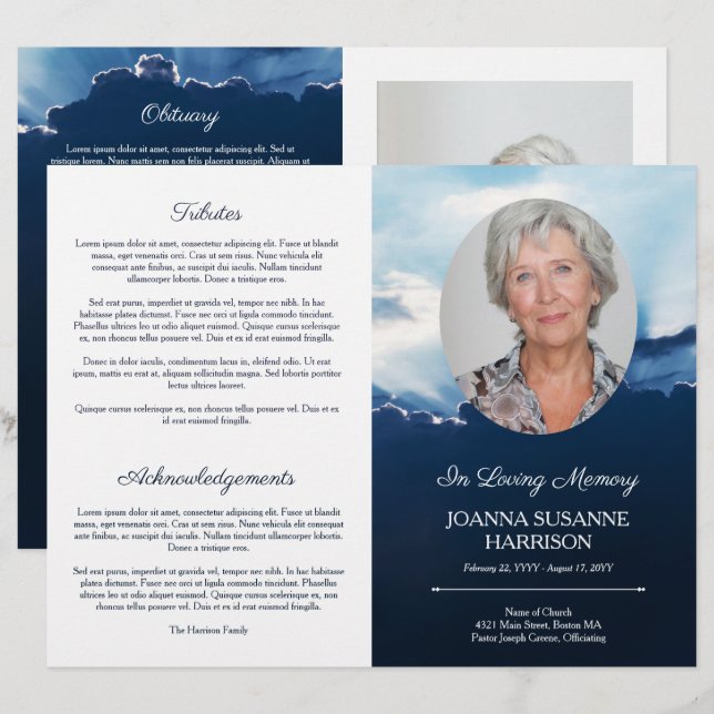 Beams of Light Oval Photo Blue Funeral Program (Fram/baksida)