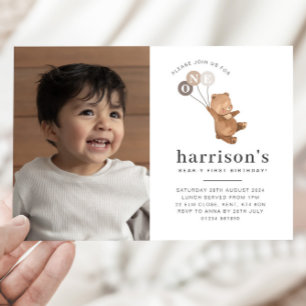 Bear 3 Brown Balloits Photo 1st Birthday Inbjudan