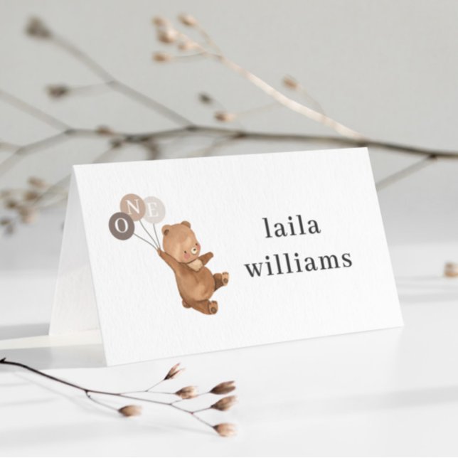 Bear 3 Brown Balloys - 1:a födelsedagen Placeringskort (Bear 3 Brown Balloons - 1st Birthday Place Card)