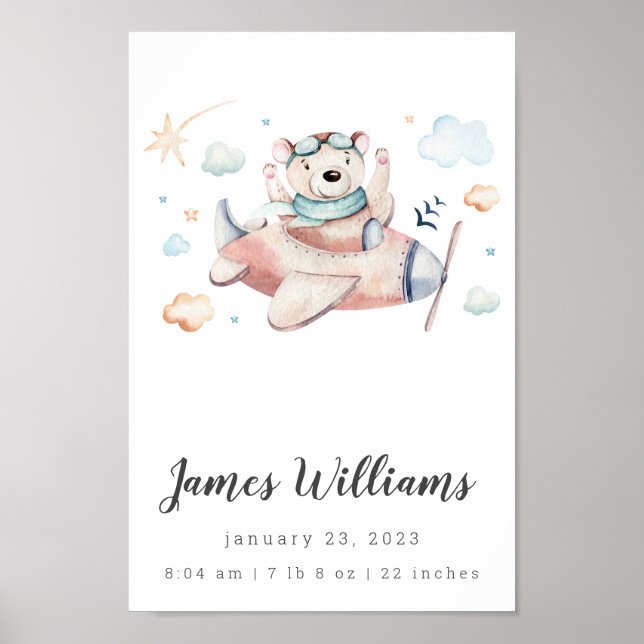 Bear Airplan Baby Birth Stats Personlig Poster (Framsidan)