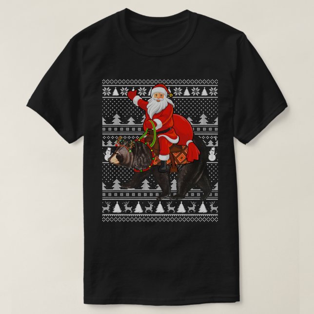 Bear Älskare Funny Matching Santa Riding Bear Ugly T Shirt (Design framsida)