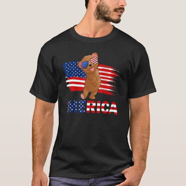 Bear American Flagga Sunglasses Merica 4:e juli T Shirt (Framsida)