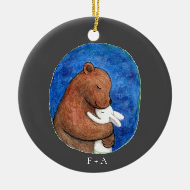 Bear and Bunny i omfamna par eget namn Julgransprydnad Keramik (Framsidan)