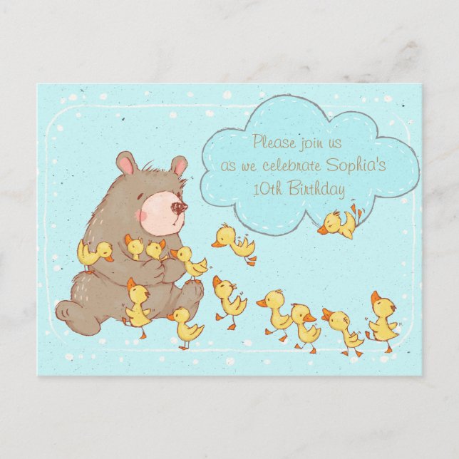 Bear and Ducklings Children Birthday Call Inbjudan Vykort (Framsida)