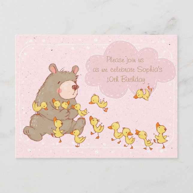 Bear and Ducklings Children Birthday Call Inbjudan Vykort (Framsida)