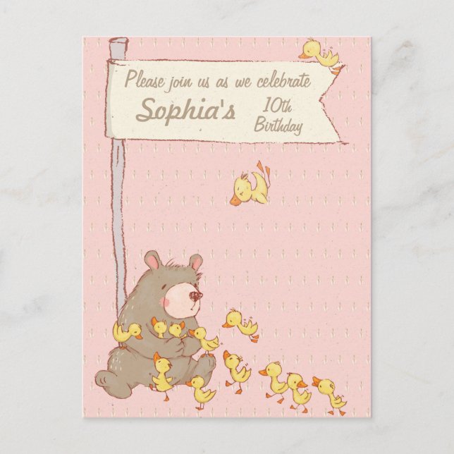 Bear and Ducklings Children Birthday Call Inbjudan Vykort (Framsida)