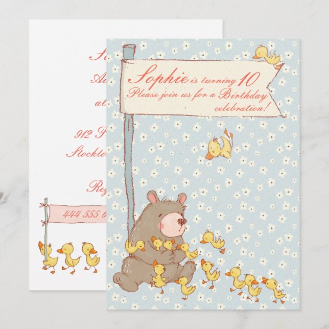 Bear and Ducklings Children Birthday Call Inbjudningar (Fram/baksida)