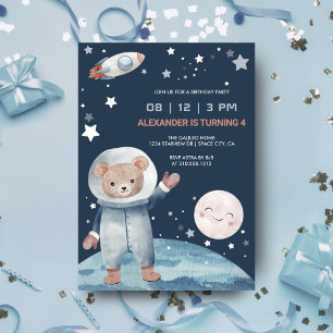 Bear Astronaut Space Rocket Birthday Inbjudningar