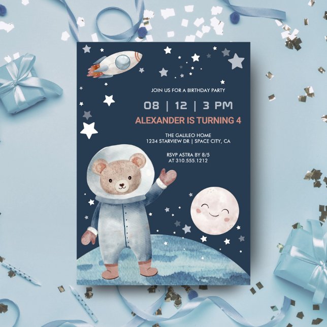 Bear Astronaut Space Rocket Birthday Inbjudningar (Skapare uppladdad)