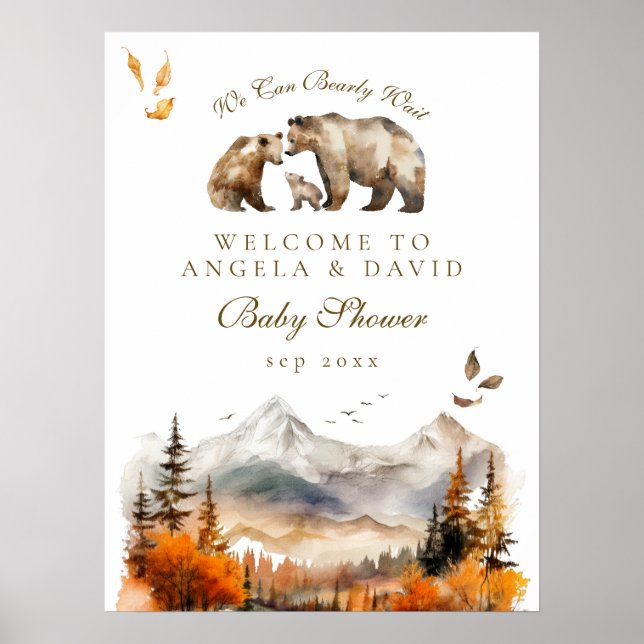 Bear Äventyr Fall Mountain Neutralt Baby Shower Poster (Framsidan)