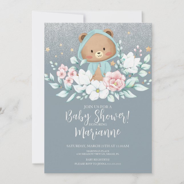 Bear Baby Shower Blommigt Glitter Dusty Blue Inbjudningar (Framsida)