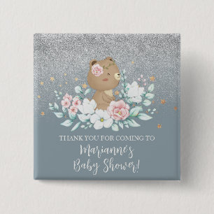 Bear Baby Shower Blommigt Glitter Muted Blue Knapp