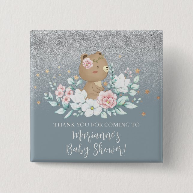 Bear Baby Shower Blommigt Glitter Muted Blue Knapp (Framsida)