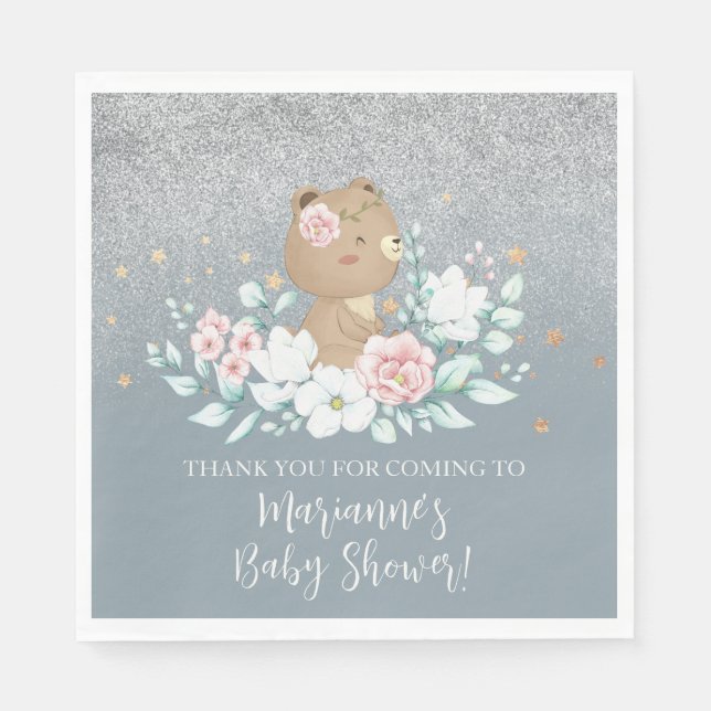 Bear Baby Shower Blommigt Glitter Muted Blue Pappersservett (Framsidan)