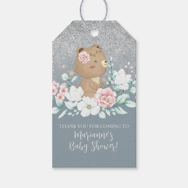Bear Baby Shower Blommigt Glitter Muted Blue Presentetikett (Framsidan)