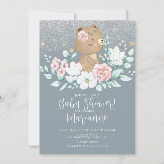 Bear Baby Shower Blommigt Glitter Muted Rosa Blue Inbjudningar (Framsida)