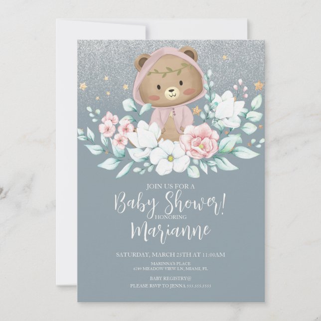 Bear Baby Shower Blommigt Glitter Rosa Inbjudningar (Framsida)