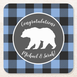 Bear Baby Shower Boy Blue Underlägg Papper Kvadrat