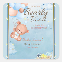 Bear Baby Shower Boy Fyrkantigt Klistermärke