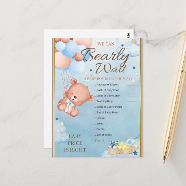 Bear Baby Shower Boy Game Vykort (Fram/Back In Situ)