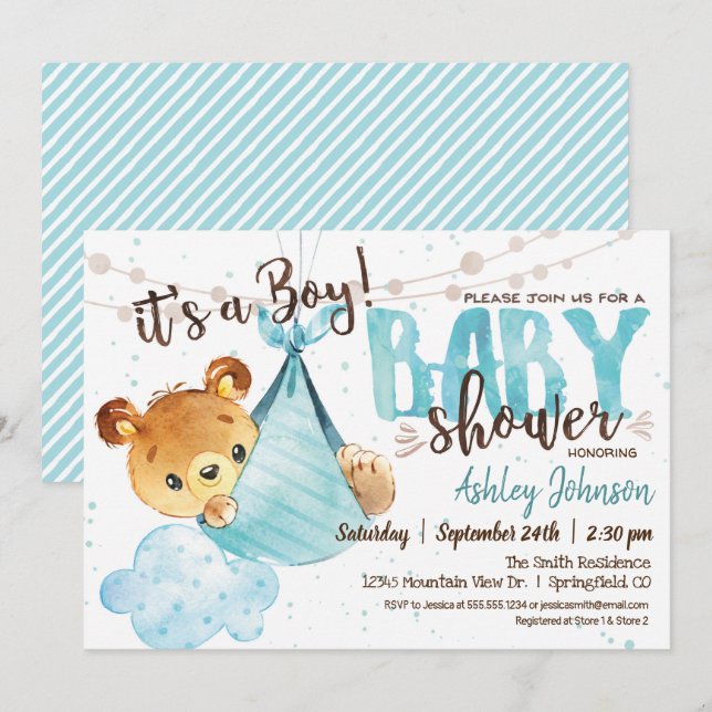 Bear Baby Shower Boy, inbjudan (Fram/baksida)